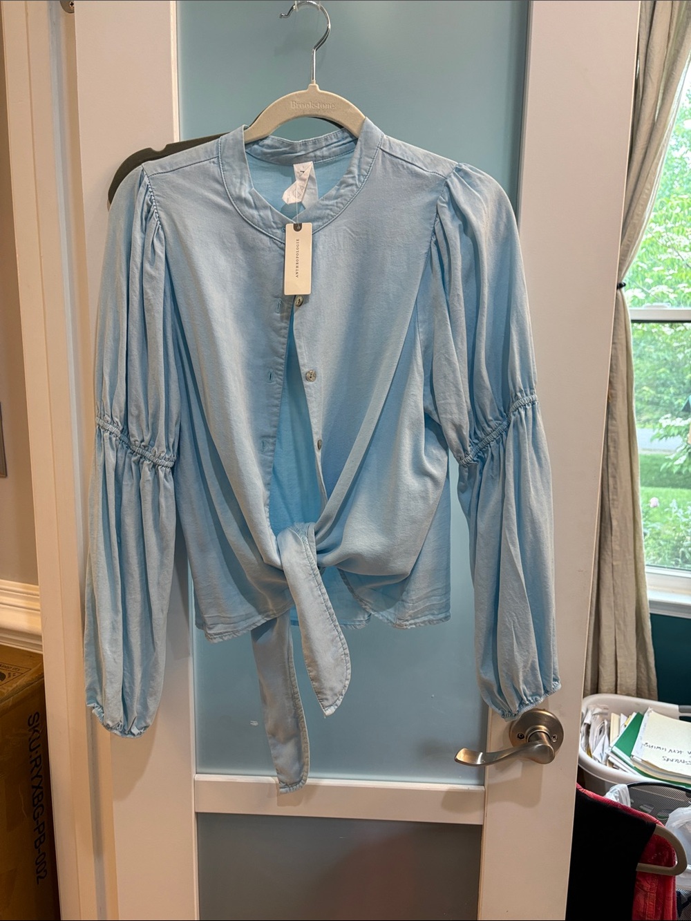 Anthropologie Light Blue Tie-Front Puff Sleeve Blouse Amado